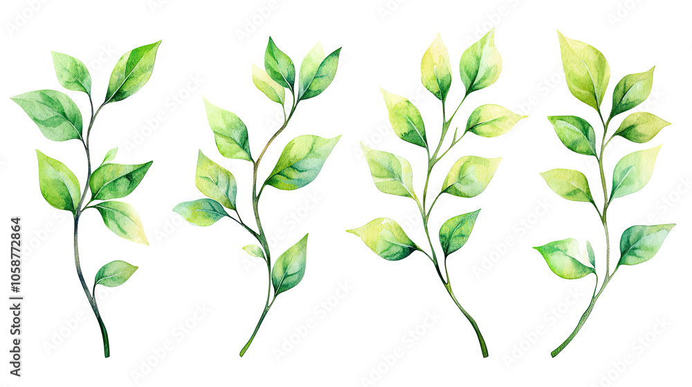 Poster watercolor green branches with leaves for elegant design elements generative ai