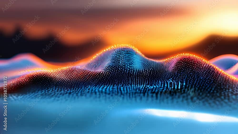 Poster a vibrant abstract digital data grid flows elegantly, reflecting warm evening light as it forms soft