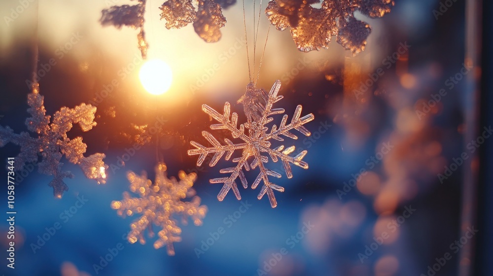 Poster close-up of snowflake ornaments hanging in a window with a sunset in the background.