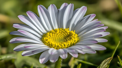Obraz premium A single white daisy with a yellow center and purple edges, blooming in a field of green grass.