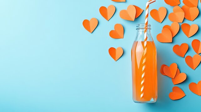Glass fruit juice bottle with a straw sits among orange paper hearts on a blue background. This vibrant scene captures the essence of love and celebration for Valentines Day, perfect for greetings.