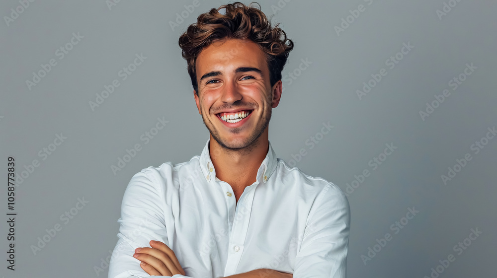 Poster Portrait of a smiling young man with folded arms, cheerful and joyful, isolated against a gray background.