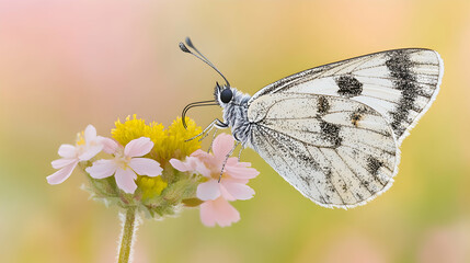 Naklejka premium A white butterfly with black spots sits on a pink flower with yellow center.