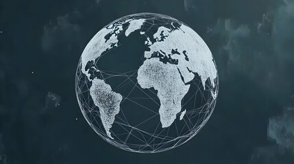 Fototapeta premium A white, digital globe with connecting lines on a dark blue background.