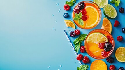 Naklejka premium Refreshing summer cocktail with mint leaves, fruits, berries, and lime, beautifully arranged against a blue background, creating a perfect summer drink aesthetic with ample copy space.