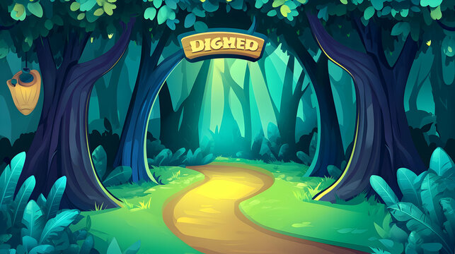 A winding path leads through a dense, green forest, with a sign that reads 'Dighed'.