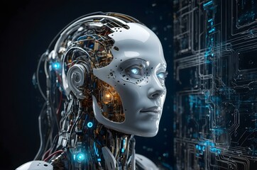 Highly detailed robotic face with blue eyes, showcasing AI technology, futuristic designs, and the complexity of advanced robotics in a cybernetic setting.