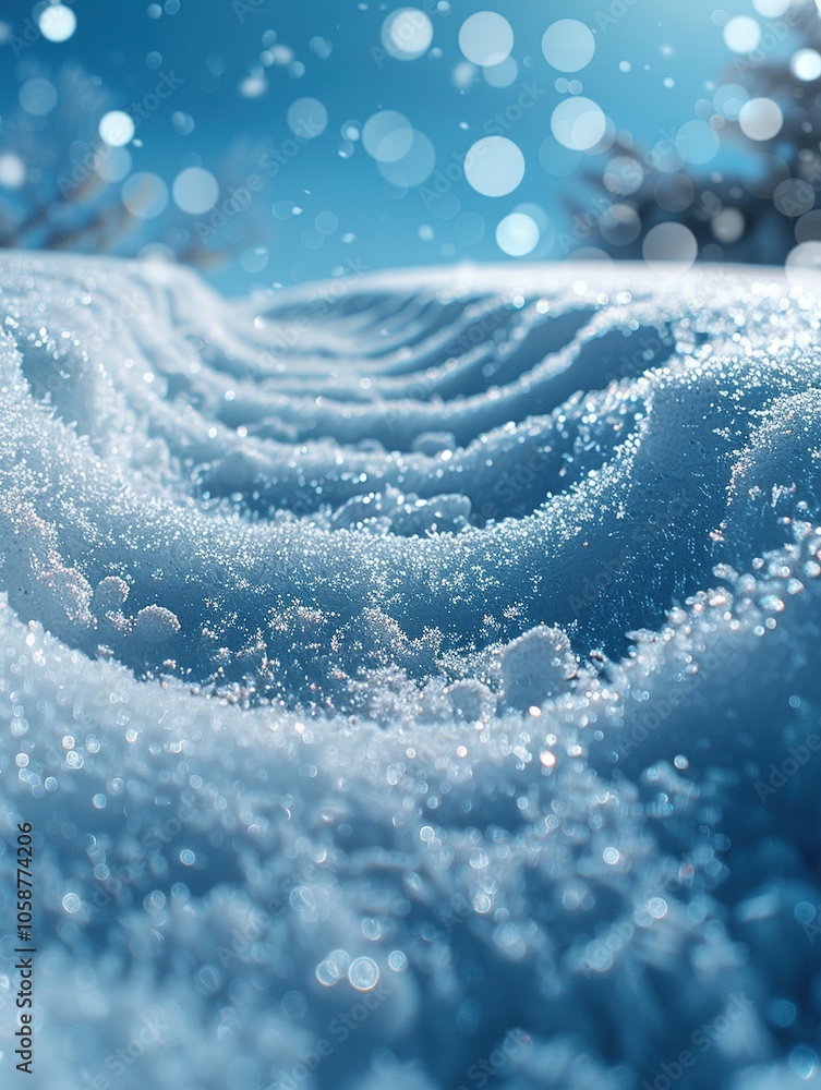 Poster a close-up view of glistening snow with gentle waves and a soft bokeh background.
