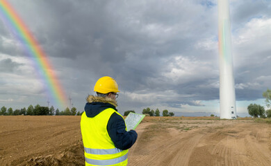 Engineer inspecting wind turbine construction site with rainbow after storm