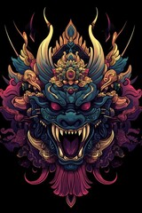 Obraz premium Detailed Full-Color Illustration of Balinese Demon Mask for T-Shirt Print, No Background, Vibrant Colors