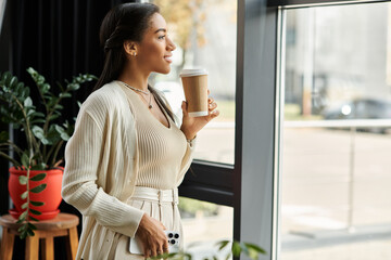 The beautiful woman reflects on her day, sipping coffee as she gazes outside the office.