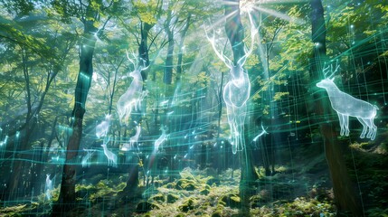 Surreal photography of a forest landscape where towering, translucent AI holograms of trees and wildlife blend seamlessly with real nature