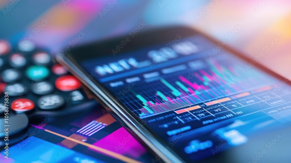 Poster A smartphone displaying a financial graph with a calculator in the foreground.