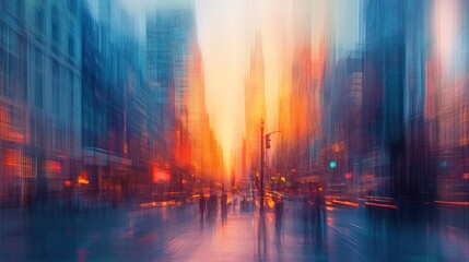 Fototapeta premium Abstract urban cityscape at sunset with motion blur effect
