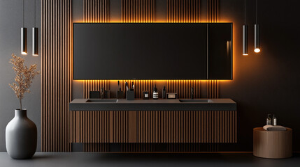 Modern bathroom interior with minimalist dark wood vanity, large mirror, warm LED lighting, hanging pendant lights, and decorative plant in a vase on textured wall.
