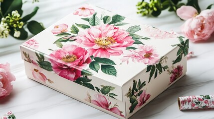 Gift box adorned with pink flowers alongside privacy peace tape, perfect for adding a touch of elegance to your special occasions. The gift box provides ample space for customization.
