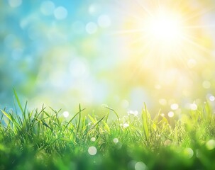Obraz premium Beautiful spring background with blurred sun rays and on the green meadow, blue sky with clouds. 