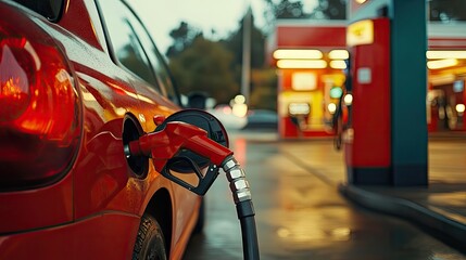 Car care concept with a focus on filling gas at a gas station, emphasizing the importance of regular car maintenance and fueling for optimal vehicle performance. Photo style includes ample copy space.