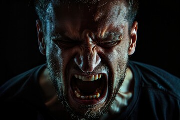 Man Angry. Screaming Face of a Guy Shouting in Anger on Black Background