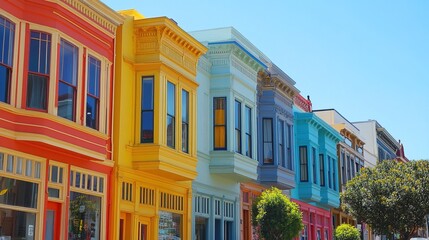 Naklejka premium Colorful historic storefronts line a clear sky