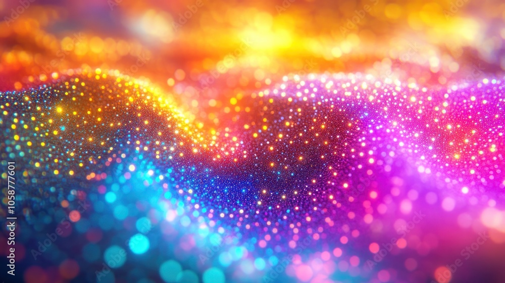 Poster illustration of colored dots scattered in rows on a white background. the images emphasize intricate