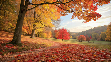 A Tapestry of Autumnal Hues, Where Golden Sunlight Dapples the Forest Floor, Adorned With a Carpet of Vibrant Red and Orange Leaves