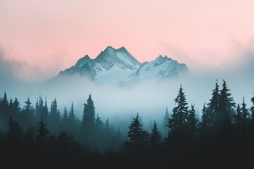 Fototapeta premium View of the mountain range with snow on top, soft pink sky.