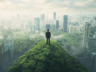 Plakat Businessman Overlooking a Futuristic City Blended with Nature