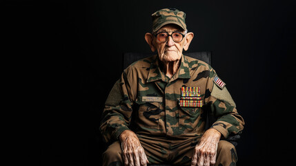 Fototapeta premium Elderly man in military uniform with camouflage design sitting on a chair, displaying medals and an American flag patch on his shoulder, against a black background.