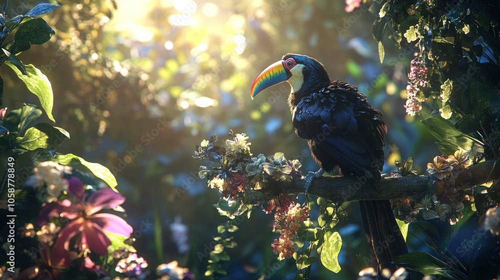 Aufkleber a toucan with a vibrant beak sits on a branch in a lush rainforest with sunlight streaming through t