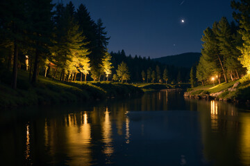 Fototapeta premium A night time photo of a lake with rocks and a mountain in the background