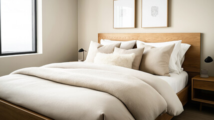 Modern bedroom interior with beige bedding, wooden headboard, and cozy pillows. Minimalist decor with framed artwork. Black table lamps on wooden nightstand by large window.