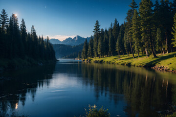 A night time photo of a lake with rocks and a mountain in the background