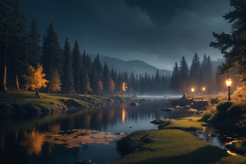 Fototapeta premium A night time photo of a lake with rocks and a mountain in the background