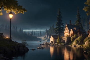 Fototapeta premium A night time photo of a lake with rocks and a mountain in the background