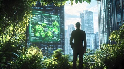 Businessman Reviewing Environmental Data on Holographic Screen in Lush Rooftop Garden