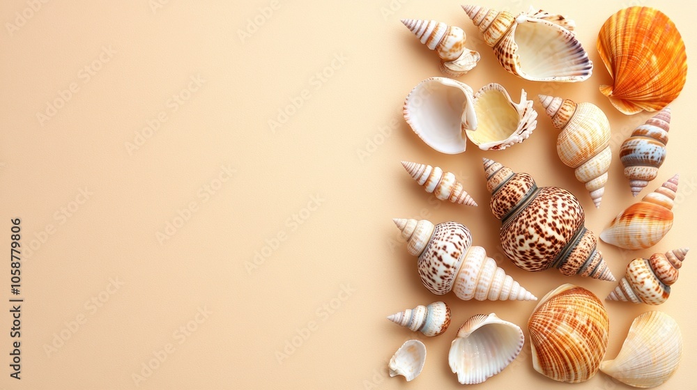 Poster a collection of various seashells arranged on a soft background.