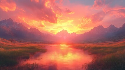 Obraz premium A vibrant sunset casts a fiery glow over a serene mountain lake.