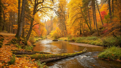 Obraz premium A Tranquil Stream Flows Through a Canopy of Vibrant Autumn Colors, Where Fallen Leaves Blanket the Forest Floor