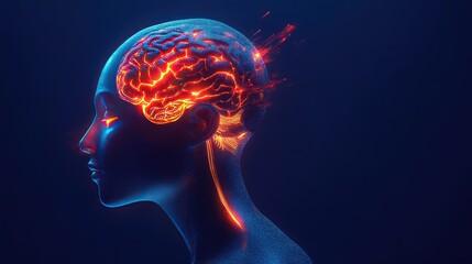 Fototapeta premium Human Head with Transparent Skin Showing Brain Pain Area, Medical Concept Illustration with Glowing Light Effects