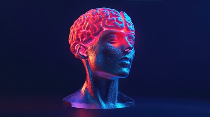 Human Head with Transparent Skin Showing Brain Pain Area, Medical Concept Illustration with Glowing Light Effects