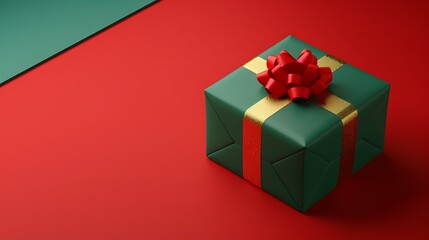 3D Green Christmas Gift Box with Red Bow on Red Background