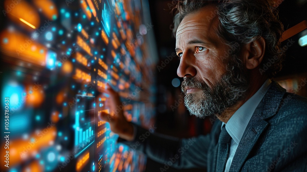 Aufkleber a focused man interacts with a digital display, showcasing advanced technology and data visualizatio