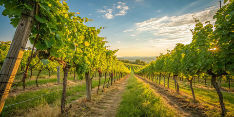 Fototapeta premium Golden sunlight filters through the lush canopy of a vineyard, illuminating the rows of vines and the pathway leading to the horizon.