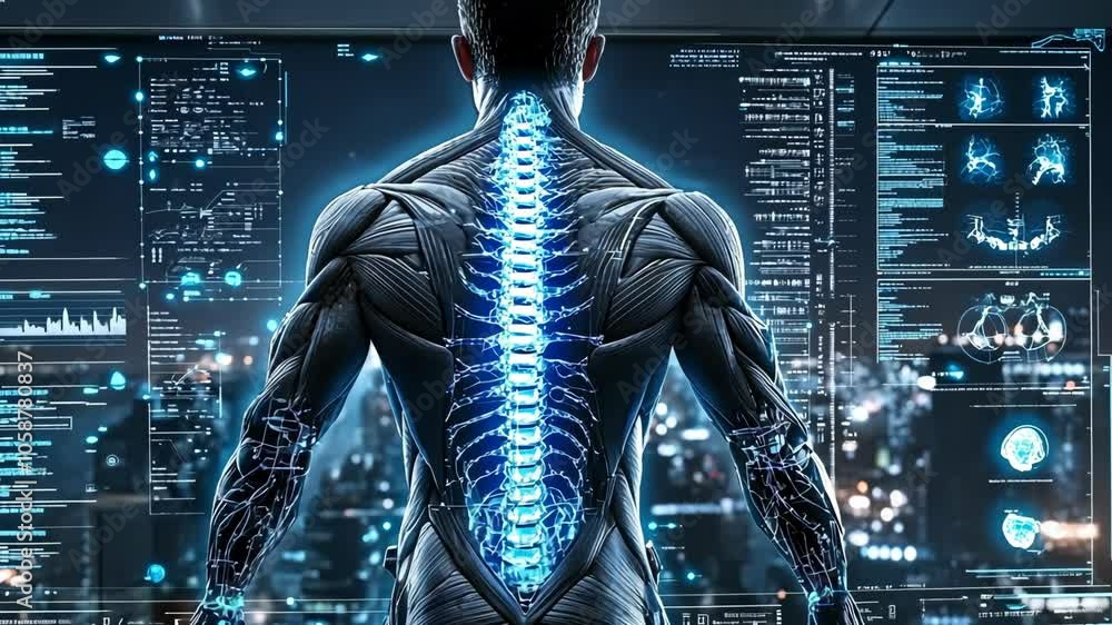 Poster a digital representation of a human body with a glowing spine stands in front of a screen filled wit
