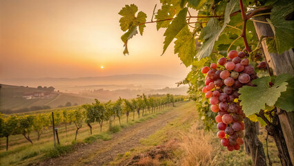 Naklejka premium A vineyard's harvest bathed in the golden glow of a sunrise, a single cluster of grapes hanging heavy with ripeness, promising the sweet reward of labor