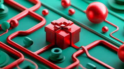 3D Red Gift Box on Green Background for Christmas Celebration