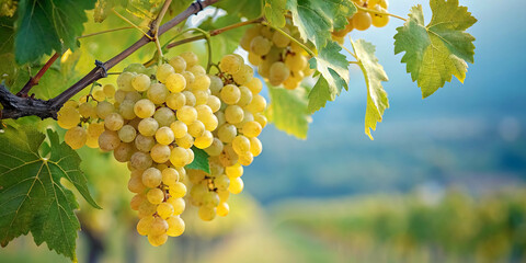 Fototapeta premium A close-up view of a cluster of ripe, golden grapes hanging from a vine, their skin glistening in the sunlight, against a blurred backdrop of lush greenery and a pale blue sky.