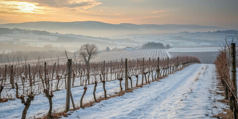 Fototapeta premium A winding snow-covered path leads through a vineyard, with a distant farmhouse nestled in the rolling hills, bathed in the soft glow of a fading sunset.