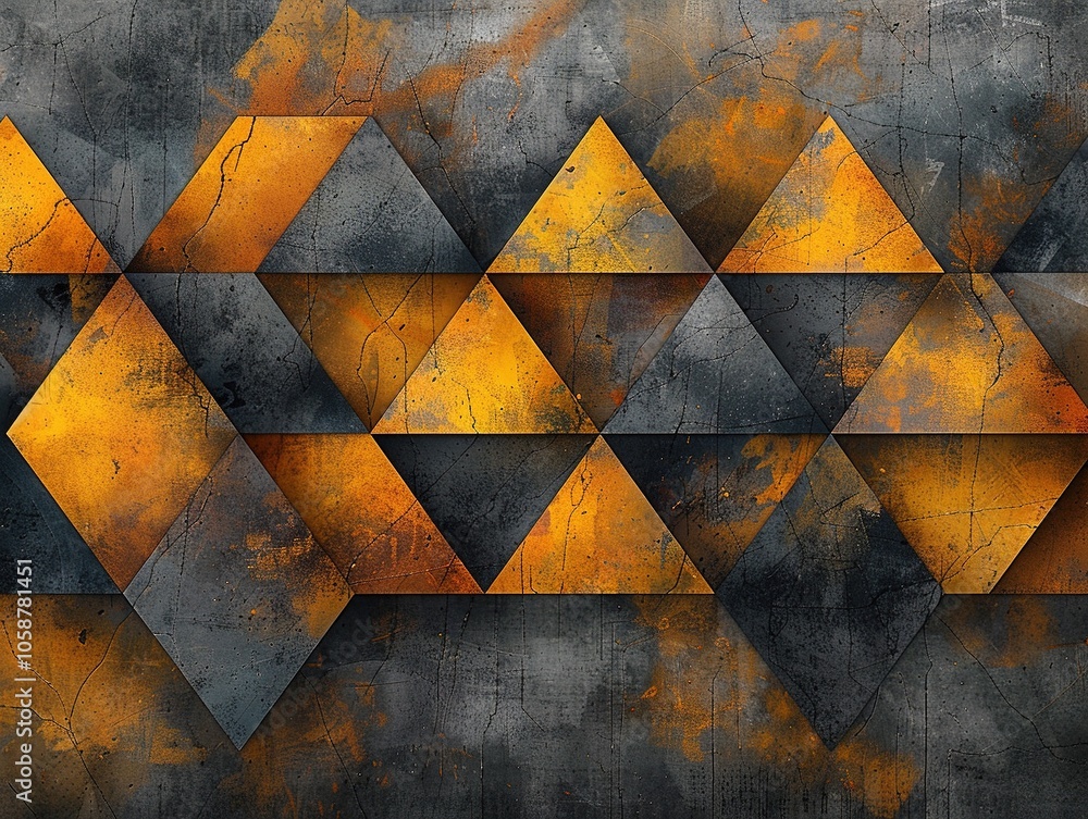 Aufkleber a geometric design featuring orange and gray triangular patterns on a textured surface.